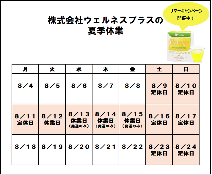 ウェルネスプラス夏季休業