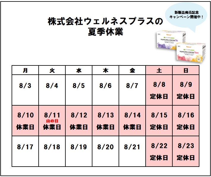 ウェルネスプラス夏季休業